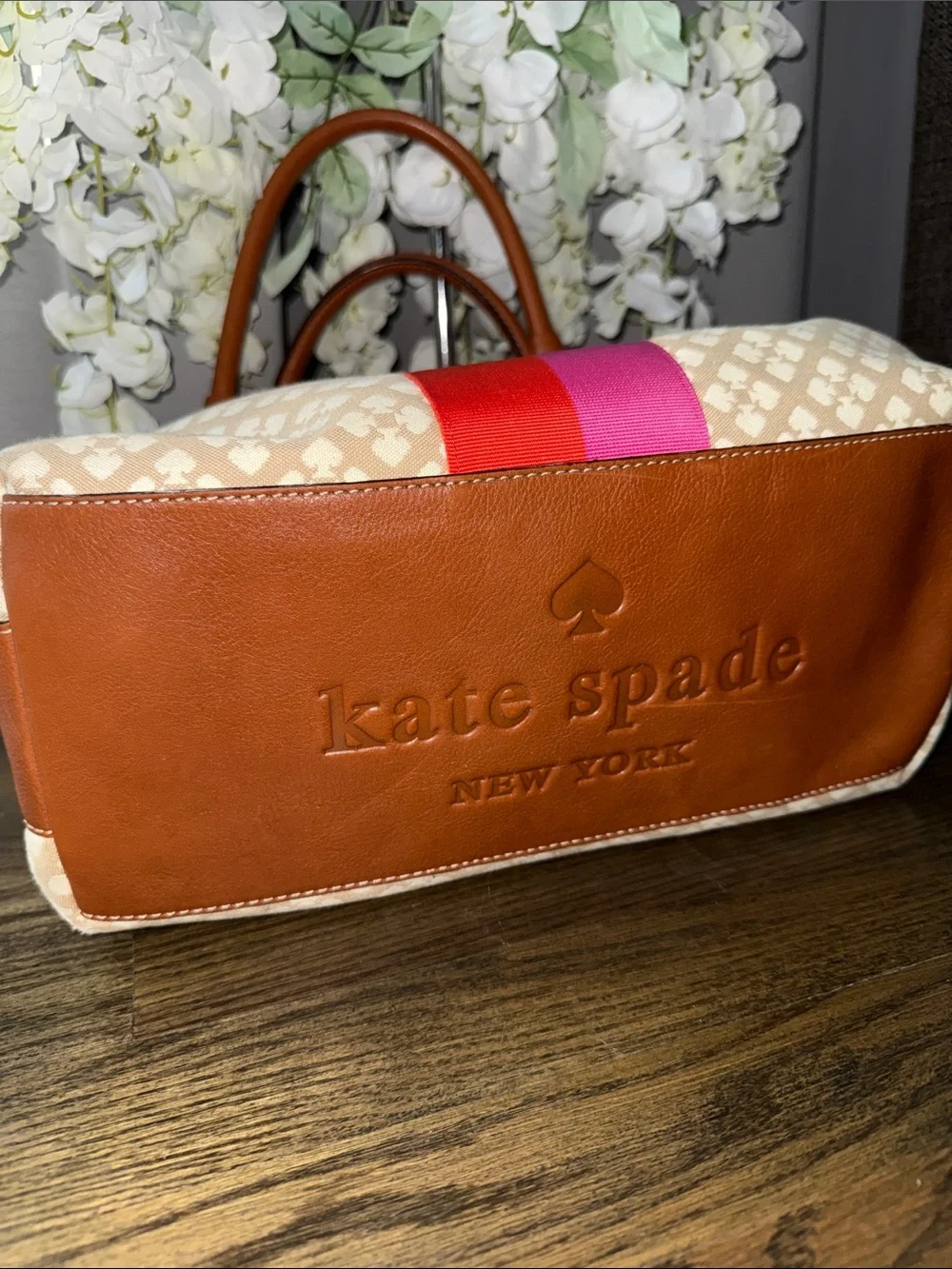 kate spade Beige Canvas Satchel with Red & Pink Center Stripe